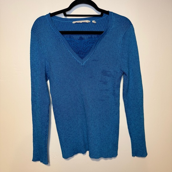 Soft Surroundings Sweaters - SOFT SURROUNDINGS Aqua Blue Ribbed Knit Sweater V Neck Lace Detailing Pullover S